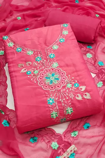 Pink viscose embroidered unstitched dress material