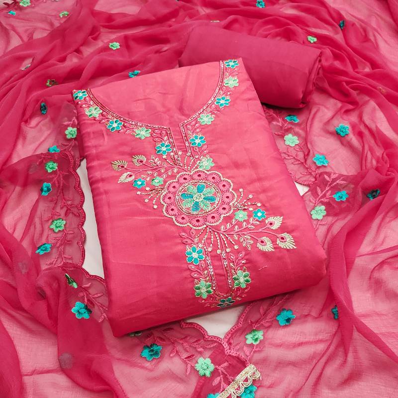 Pink viscose embroidered unstitched dress material