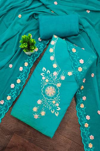 Blue viscose embroidered unstitched dress material