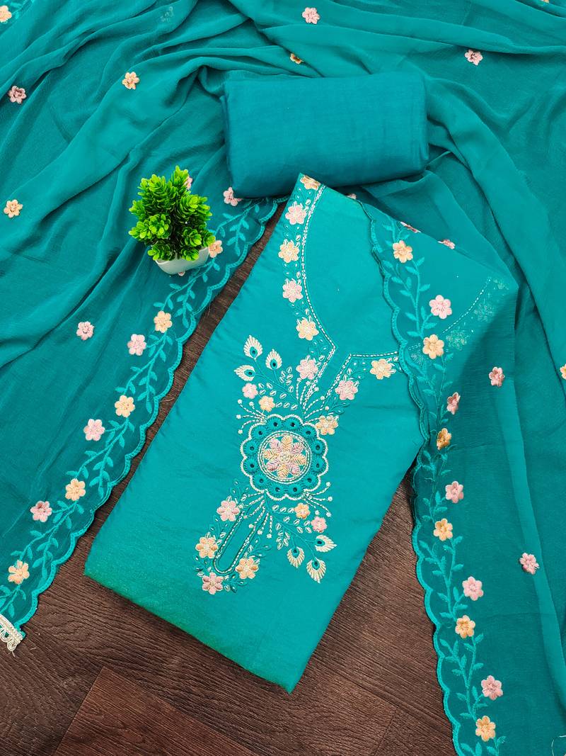 Blue viscose embroidered unstitched dress material