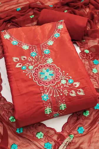 Rust viscose embroidered unstitched dress material