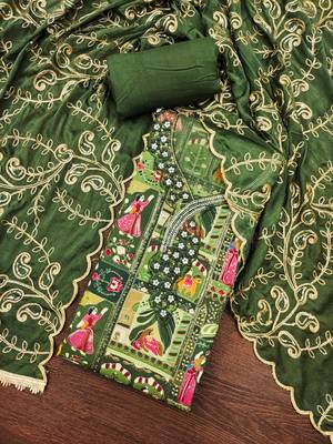 Green viscose embellished unstitched dress material 1
