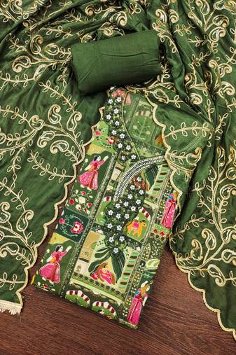 Green viscose embellished unstitched dress material