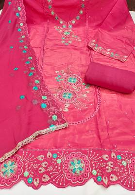 Pink viscose embroidered unstitched dress material 3