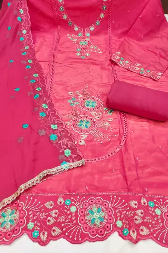 Pink viscose embroidered unstitched dress material