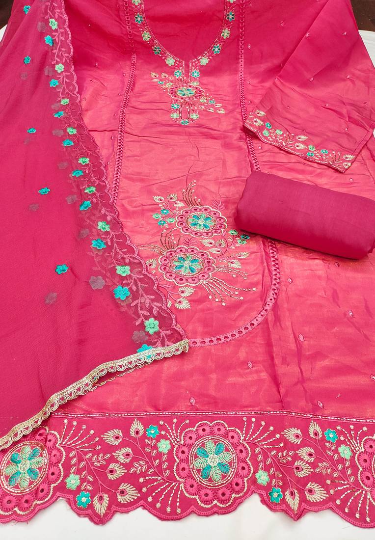Pink viscose embroidered unstitched dress material
