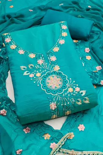 Blue viscose embroidered unstitched dress material