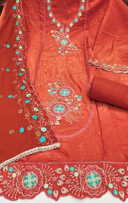 Rust viscose embroidered unstitched dress material 3