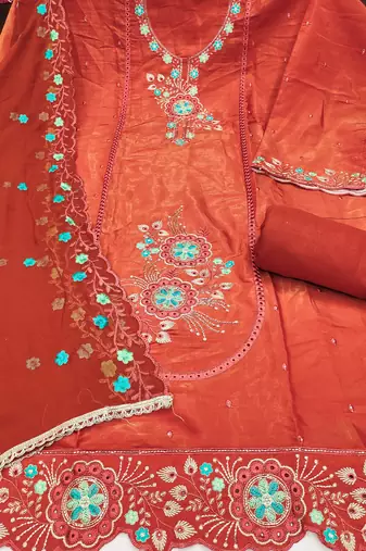 Rust viscose embroidered unstitched dress material