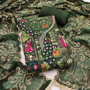 Green viscose embellished unstitched dress material 2