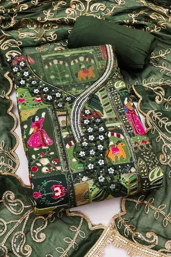 Green viscose embellished unstitched dress material