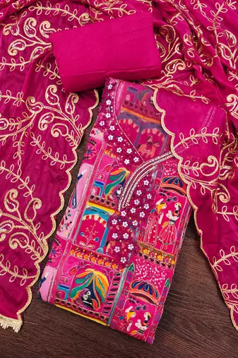 Magenta viscose embellished unstitched dress material