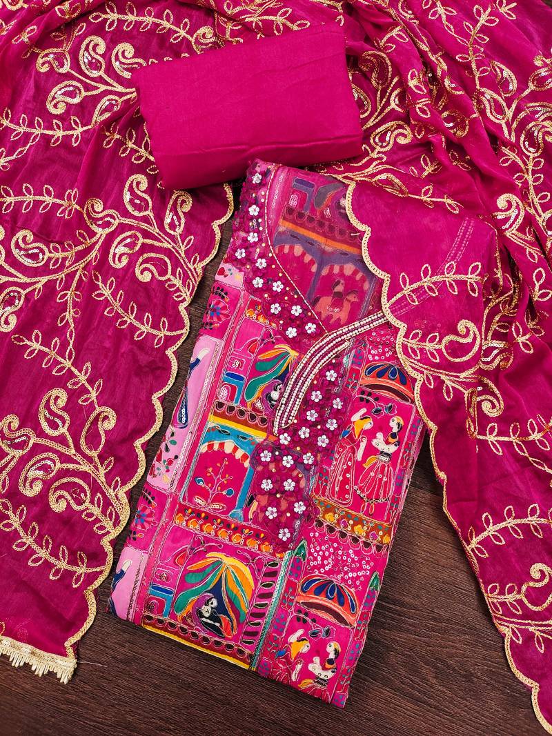 Magenta viscose embellished unstitched dress material