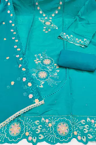 Blue viscose embroidered unstitched dress material