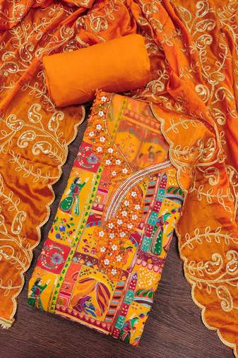 Mustard viscose embellished unstitched dress material