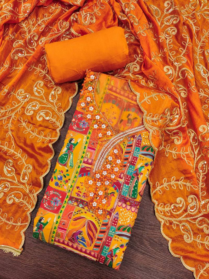 Mustard viscose embellished unstitched dress material