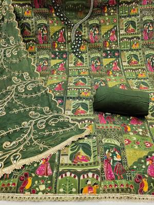 Green viscose embellished unstitched dress material 3