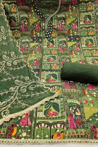 Green viscose embellished unstitched dress material