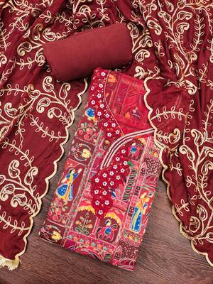 Maroon viscose embellished unstitched dress material 1