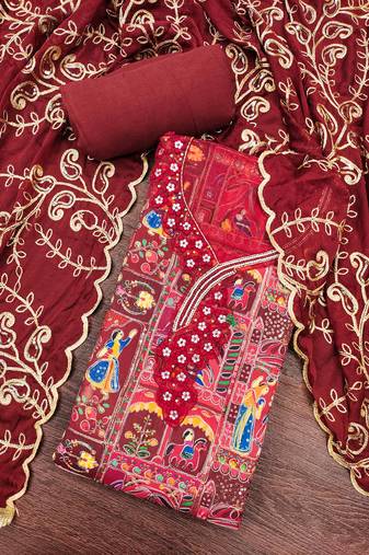 Maroon viscose embellished unstitched dress material
