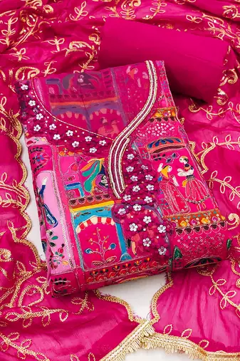 Magenta viscose embellished unstitched dress material