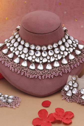 Pink color kundan necklace set
