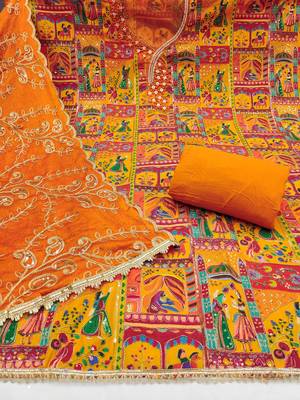 Mustard viscose embellished unstitched dress material 3
