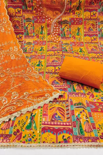 Mustard viscose embellished unstitched dress material