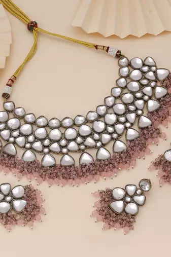 Pink color kundan necklace set