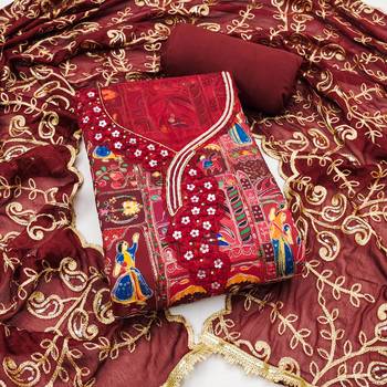 Maroon viscose embellished unstitched dress material 2
