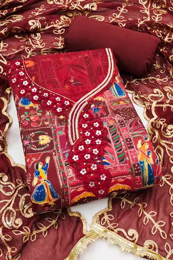 Maroon viscose embellished unstitched dress material