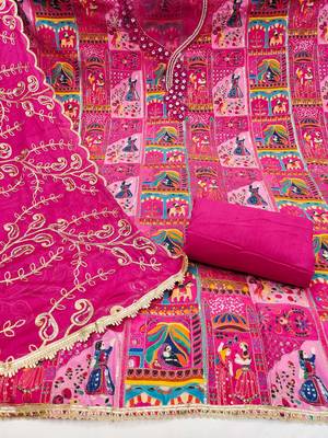Magenta viscose embellished unstitched dress material 3