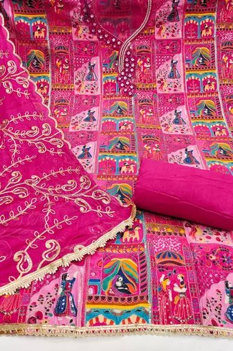 Magenta viscose embellished unstitched dress material