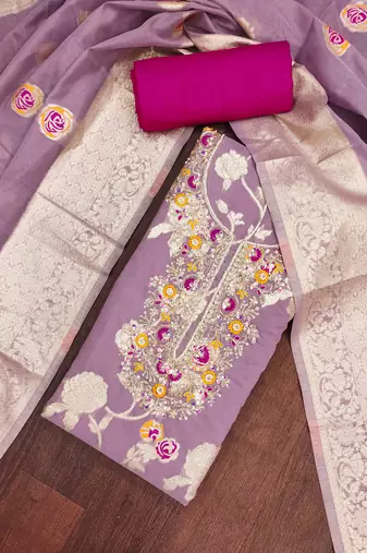 Lavender cotton silk woven design unstitched dress material