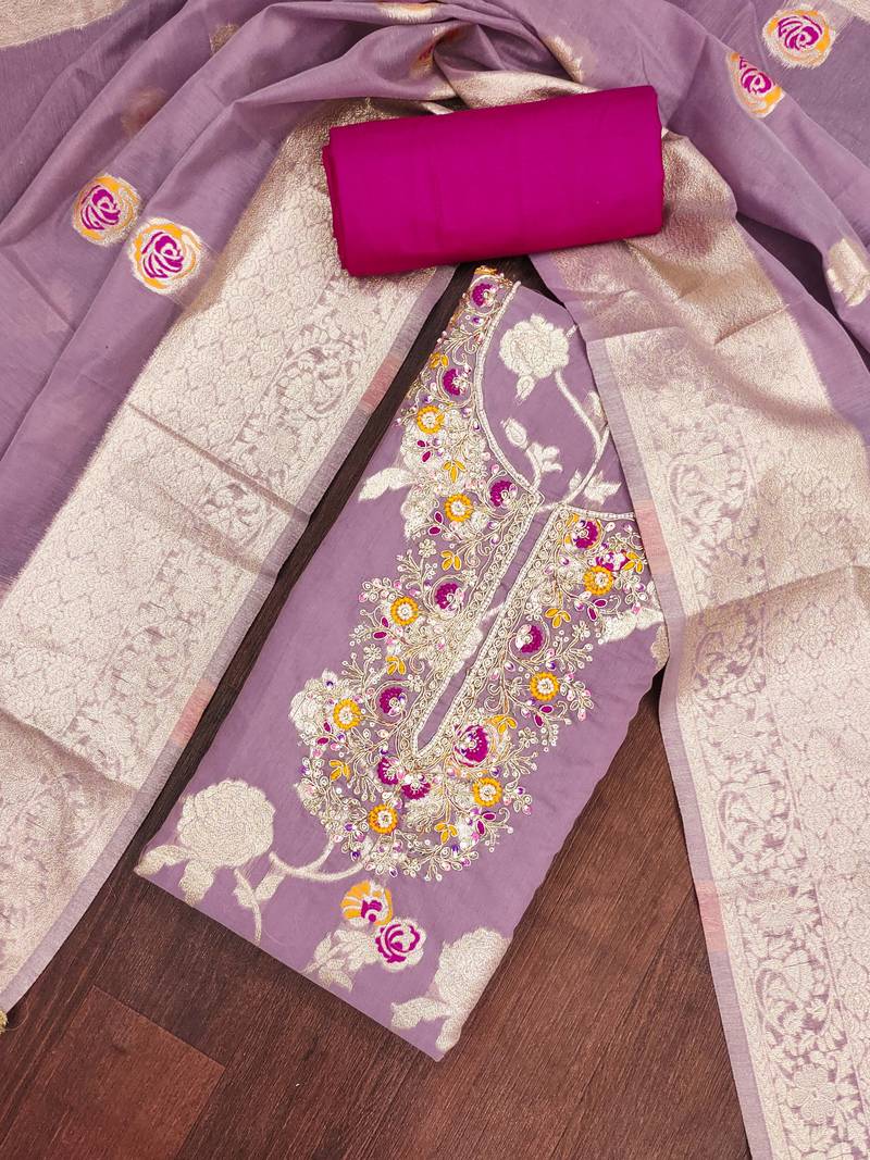 Lavender cotton silk woven design unstitched dress material