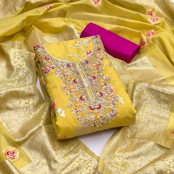 Yellow cotton silk woven design unstitched dress material 2