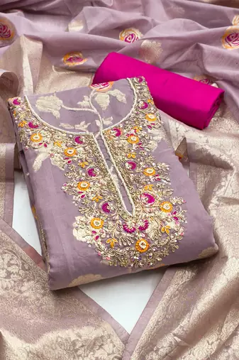 Lavender cotton silk woven design unstitched dress material