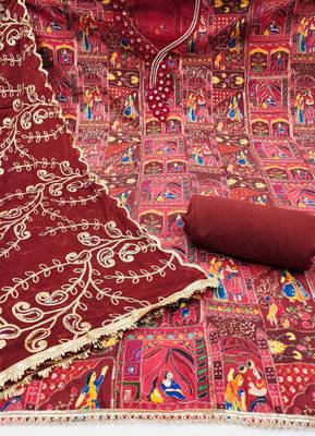 Maroon viscose embellished unstitched dress material 3