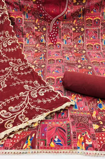 Maroon viscose embellished unstitched dress material