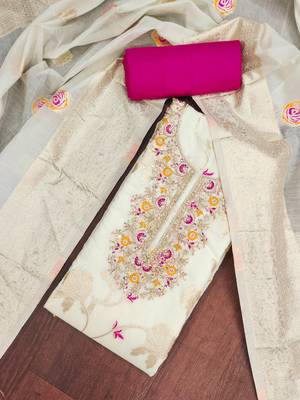 Off white cotton silk woven design unstitched dress material 1
