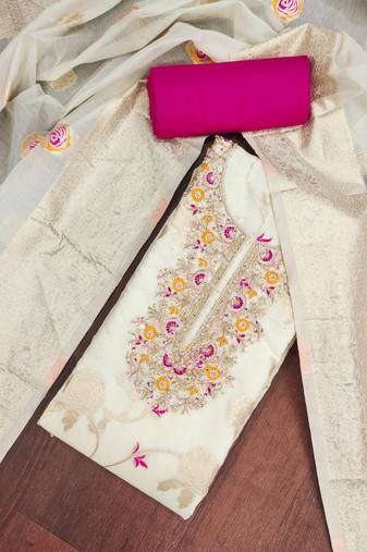 Off white cotton silk woven design unstitched dress material