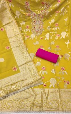 Yellow cotton silk woven design unstitched dress material 3