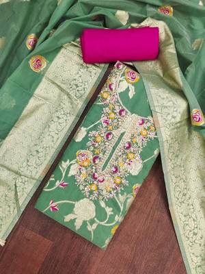 Sea green cotton silk woven design unstitched dress material 1