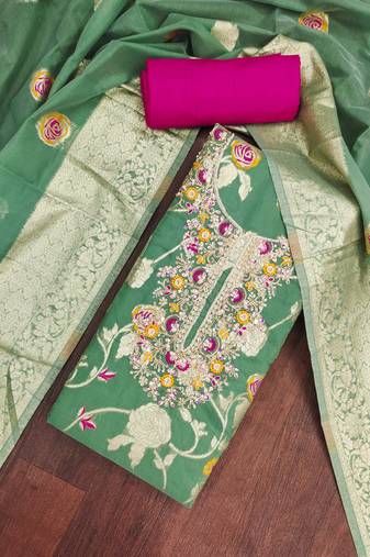 Sea green cotton silk woven design unstitched dress material