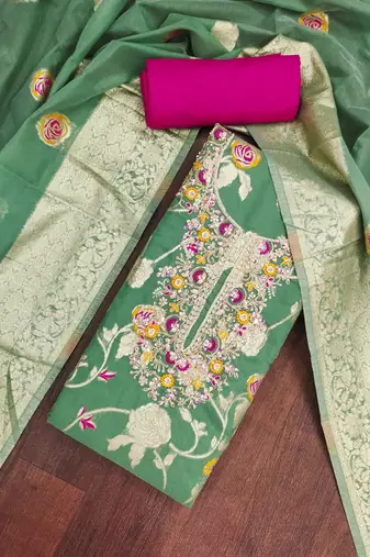 Sea green cotton silk woven design unstitched dress material