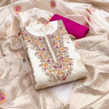 Off white cotton silk woven design unstitched dress material 2