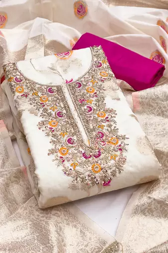 Off white cotton silk woven design unstitched dress material