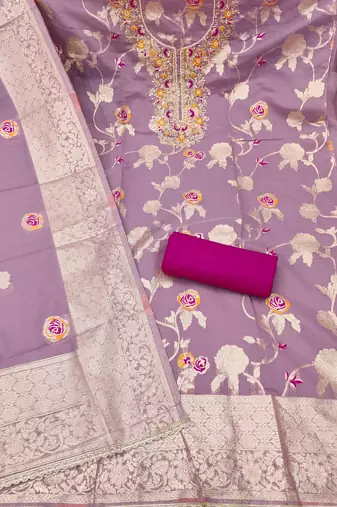 Lavender cotton silk woven design unstitched dress material