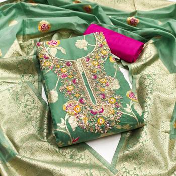 Sea green cotton silk woven design unstitched dress material 2