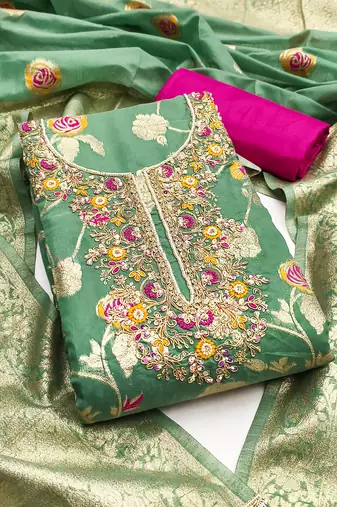 Sea green cotton silk woven design unstitched dress material